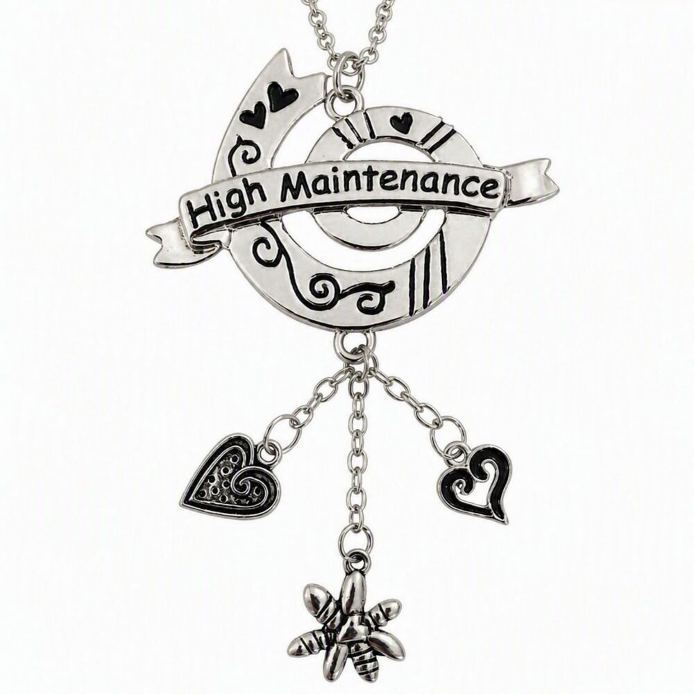 VTG Style High Maintenance Silver Tone Heart Flower Swirl Ribbon Charm Keychain